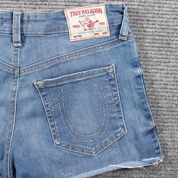 True Religion Shorts Womens 26 Blue Denim High Rise Raw Hem Maisie - Picture 5 of 8